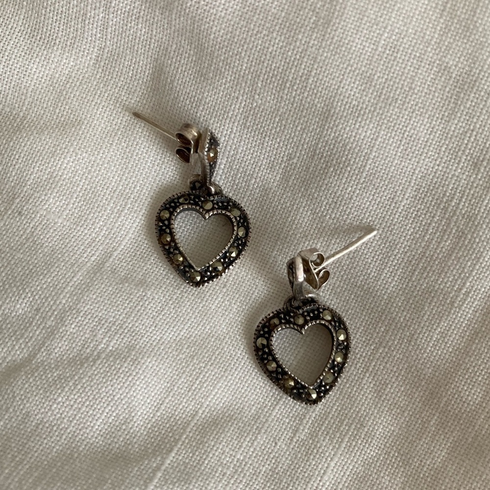 Vintage 1980s Sterling Silver and Marcasite Heart Drop Earrings